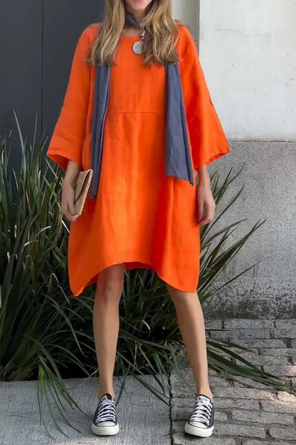 Dress woman – Loose fit – Linen and cotton – 3/4 sleeve – Knee-length – With pockets