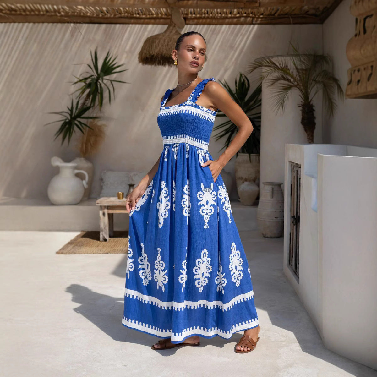 Dress woman – cotton – A-line fit – ruched bodice – embroidered – ankle-length