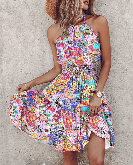 Dress for Women – Halterneck – Smocked Waist – Paisley Patterned – Midi Length and Airy