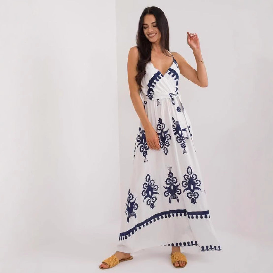 Women's Maxi Dress – Light Cotton – Sleeveless – V-neck – Empire Waist – Patterned