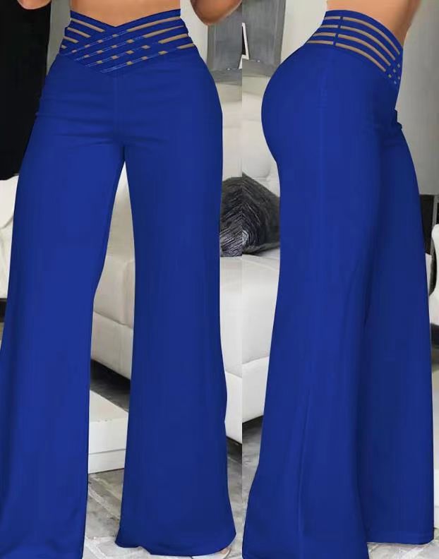 Women's Pants – High Waist – Wide Legs – Decorative Waistband – Full Length – Stretch Comfort