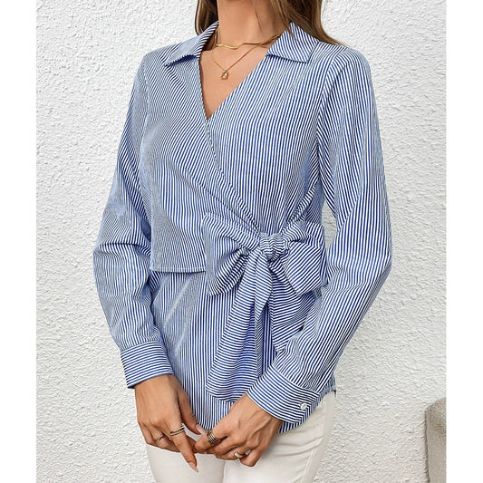 Women's Shirt – Slim Fit Wrap Style – Vertical Stripes – Waist Tie – Long Sleeve