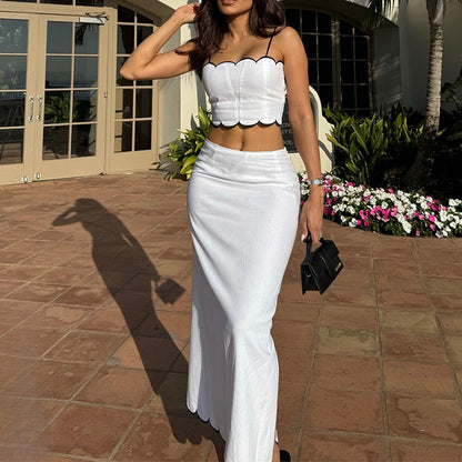 Women's Two-Piece Set – Slim Crop Top with Straps – Midi Skirt with Width – Light and Breathable