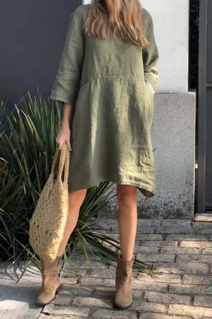 Dress woman – Loose fit – Linen and cotton – 3/4 sleeve – Knee-length – With pockets