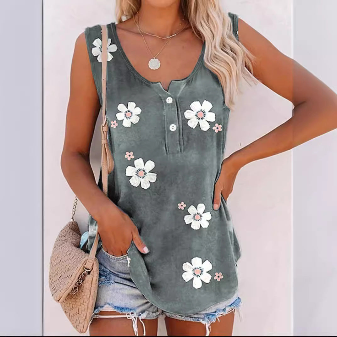 Women's Vest – Floral Print – Relaxed Fit – Round Neck – Light and Breathable