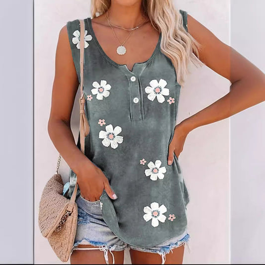 Women's Vest – Floral Print – Relaxed Fit – Round Neck – Light and Breathable