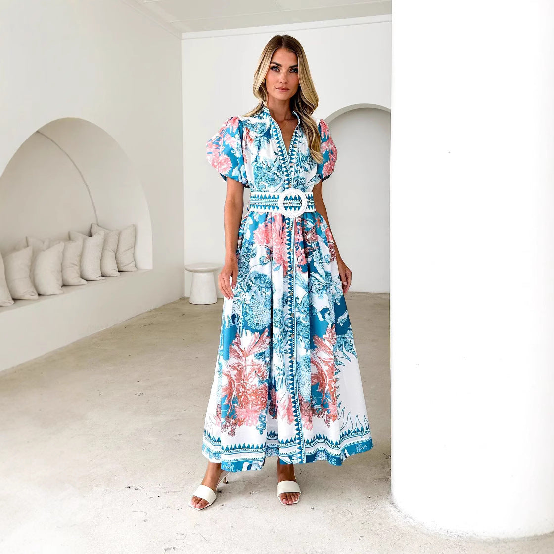 Dress woman – Ankle-length – Puff sleeves – Buttons front – A-line – Floral print