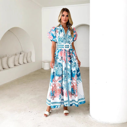 Dress woman – Ankle-length – Puff sleeves – Buttons front – A-line – Floral print