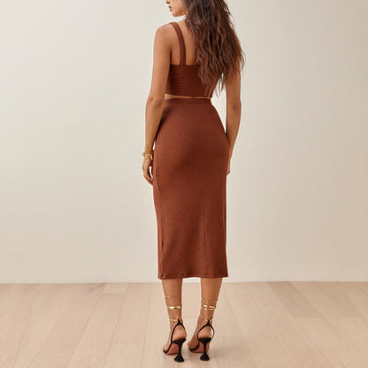 Women's Set – Ribbed Knit Crop Top and Midi Skirt – Slim Fit