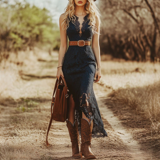 Women's Maxi Dress – Floral Lace – Fitted Bodice – Ruffle Details