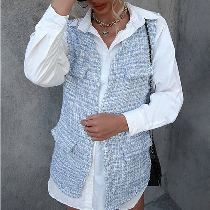 Women's Cardigan Vest – Relaxed Fit – Midi Length – Open Front – Check Pattern