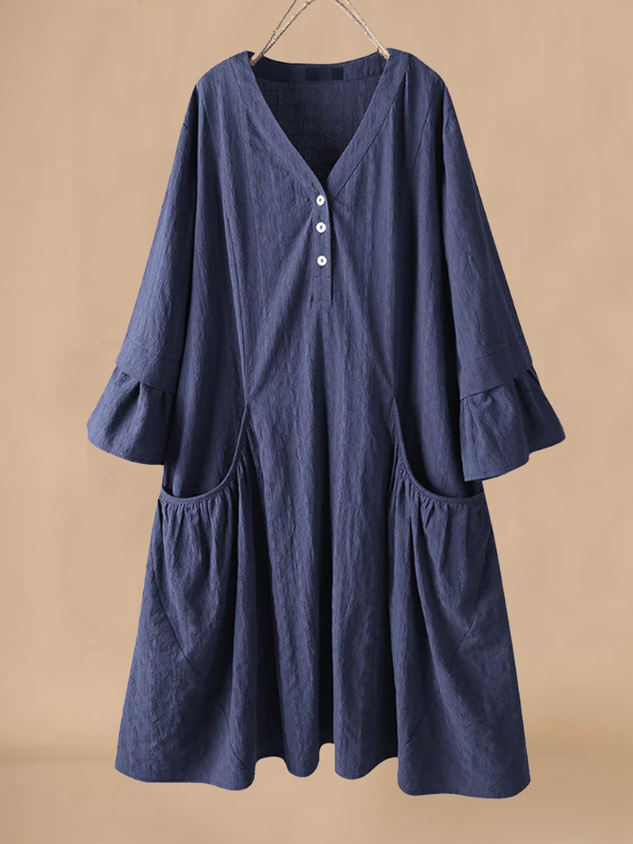 Dress women midi – cotton linen – relaxed fit – V-neck – bell sleeves – pockets