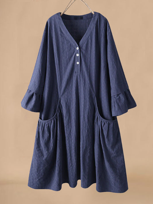 Dress women midi – cotton linen – relaxed fit – V-neck – bell sleeves – pockets