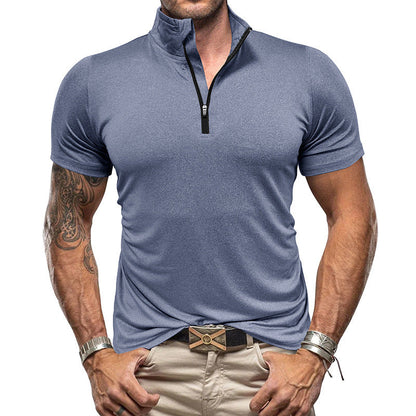 Men's Shirt – Slim Fit – Short Sleeve – Breathable – Stand Collar with Zipper