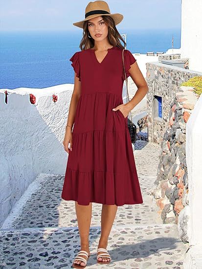 Women's Midi Dress – V-Neck – Short Sleeved with Ruffles – Loose Fit – Ruffled Skirt
