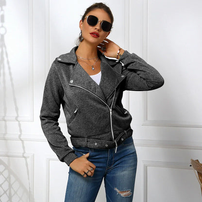 Women's Jacket – Slim Fit – Soft Knit – Asymmetric Zipper – Belt at the Waist