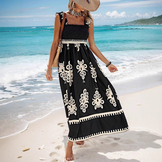 Dress for Women – Long Maxi Dress – Loose Fit – Strapless Wrap Bodice – Patterned Design