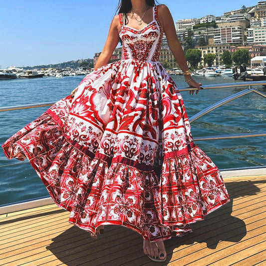 Women's Pinafore Dress – Loose Fit – Breathable Fabric – Layered Skirt – Printed Pattern