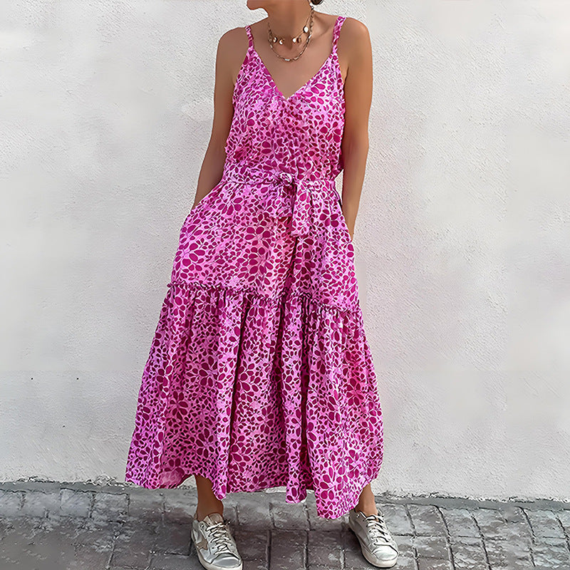 Dress woman – Sleeveless V-neck – Relaxed fit – Midi dress with ruffles and tie belt