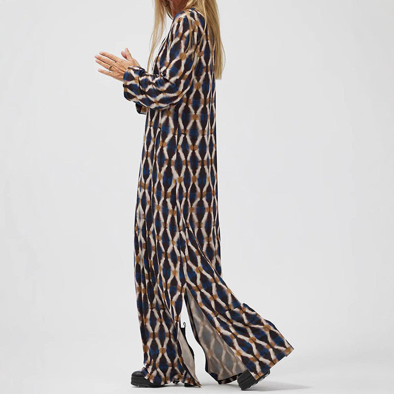 Women's Midi Dress – V-Neck with Buttons – Long-Sleeved – Loose Fit – Elegant Pattern