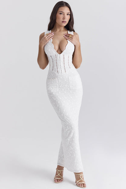 Dress woman – lace – tailored fit – deep neckline – full length elegance