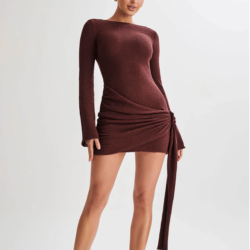 Dress woman – Slim fit – Knitted fabric – Long sleeves – Ruched side with tie
