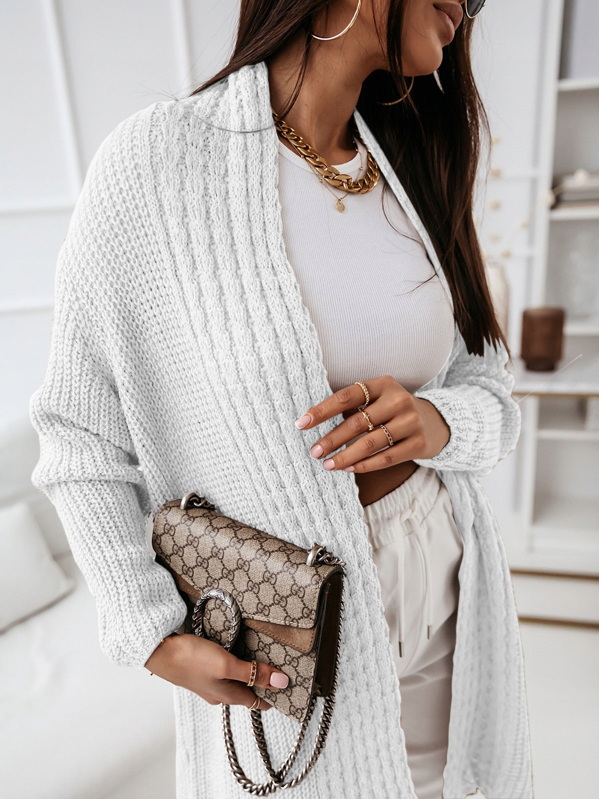 Women's Long Cardigan – Wool Knit – Relaxed Fit – Open Front – Ribbed Structure