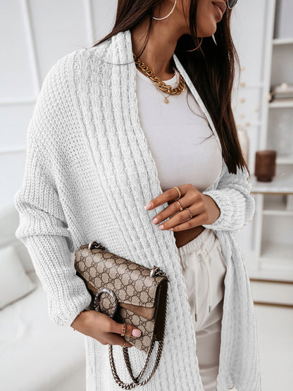 Women's Long Cardigan – Wool Knit – Relaxed Fit – Open Front – Ribbed Structure