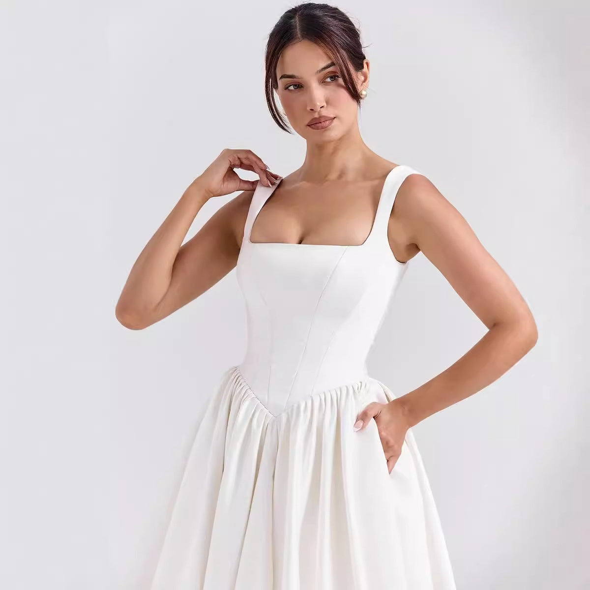Dress for Women – Maxi Length – Slim Waist – Wide Skirt – Square Neckline – Cotton