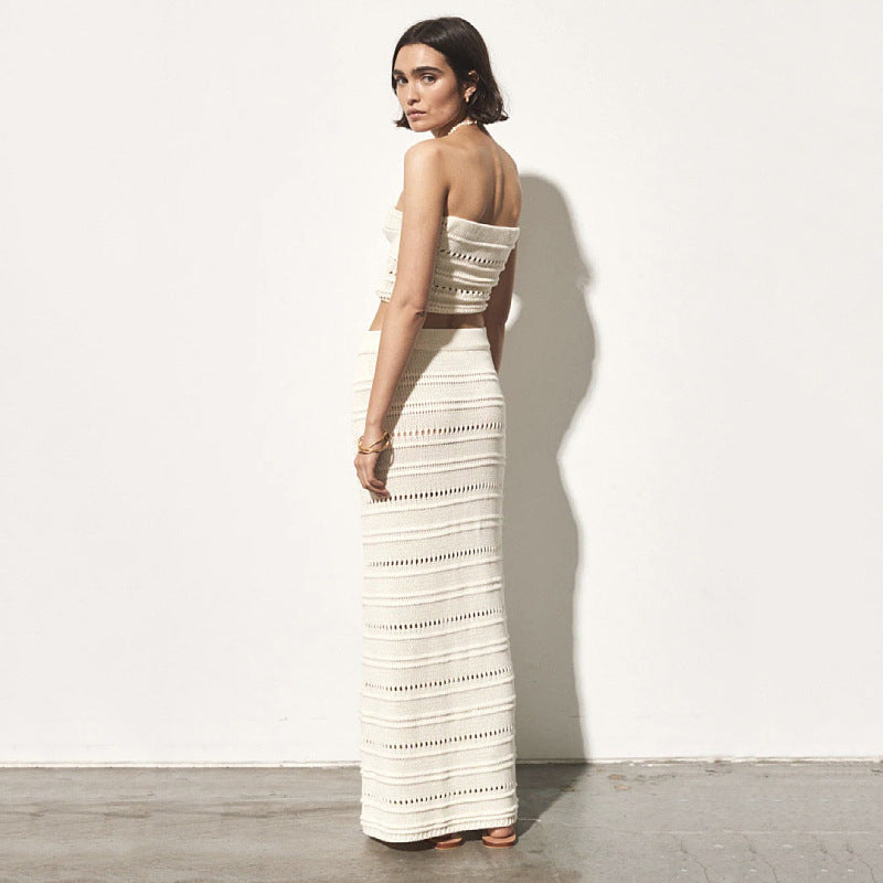 Women's Two-piece Set – Crocheted Bandeau Top and High Midi Skirt – Slim Fit