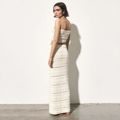 Women's Two-piece Set – Crocheted Bandeau Top and High Midi Skirt – Slim Fit