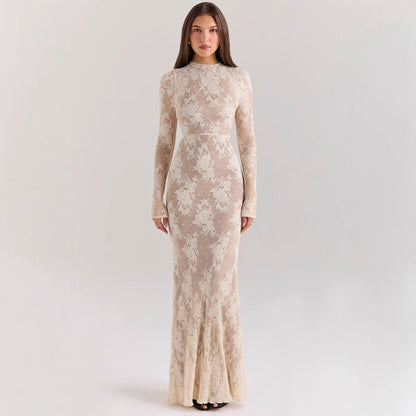 Dress for Women – Slim Fit – Lace – Long Sleeved – Floor Length with Mermaid Shape – High Neck