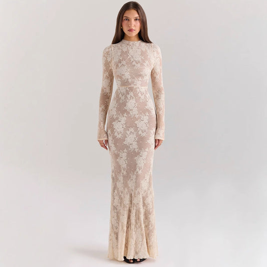 Dress for Women – Slim Fit – Lace – Long Sleeved – Floor Length with Mermaid Shape – High Neck
