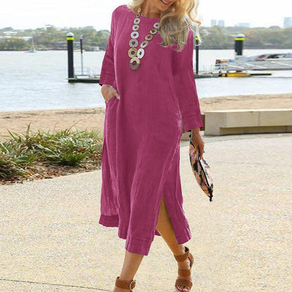 Women's Shirt Dress – Relaxed Fit – Lightweight Woven – Midi Length – Long Sleeves – Split