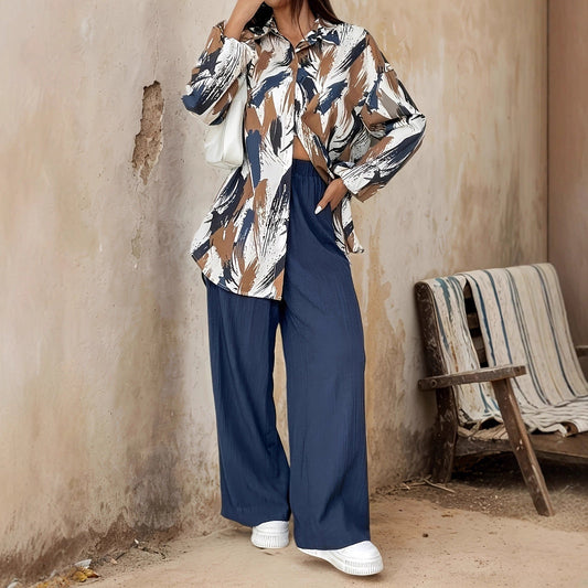 Women's Set – Printed Long Sleeve Blouse – Wide Leg Pants – Comfortable Fit