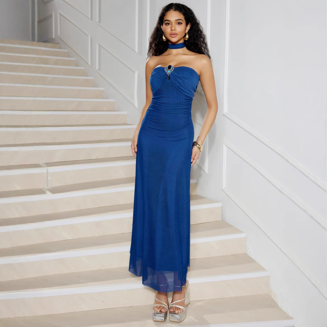 Dress for Women – Long Evening Dress – Figure-Hugging Fit – Strapless with Mesh and Embellishments