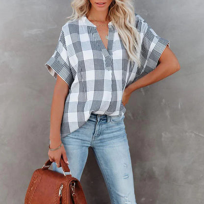 Women's Blouse – Relaxed Fit – Check Pattern – Light Cotton – Short Sleeves