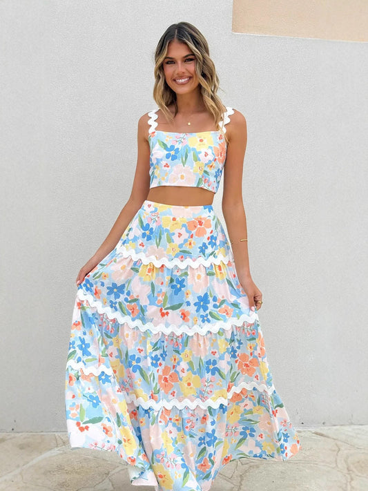 Women's Set – Floral Slim Crop Top with Straps – Layered Maxi Skirt – Breathable Fabric