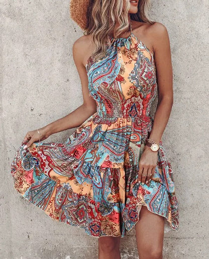 Dress for Women – Halterneck – Smocked Waist – Paisley Patterned – Midi Length and Airy