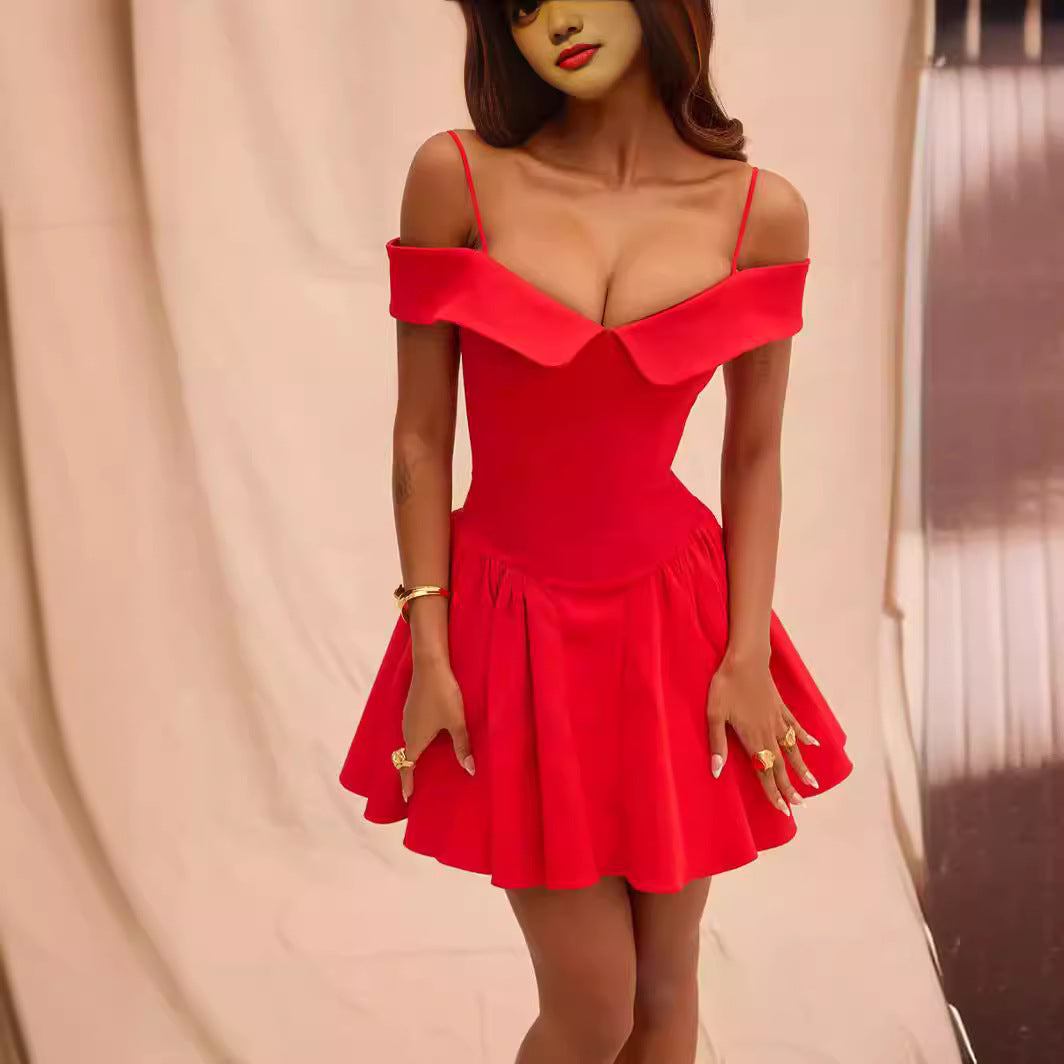Dress for Women – Flared Fit – V-Neckline – Spaghetti Straps – Mini Length