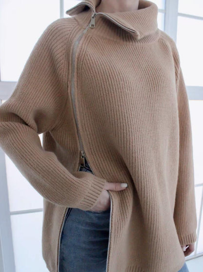 Women's Sweater – Oversized Fit – Ribbed Knit – Asymmetric Zipper – Large Collar