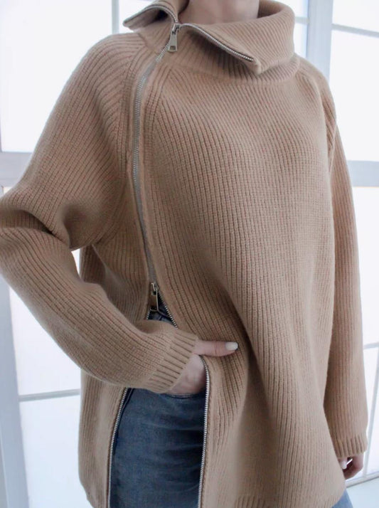 Women's Sweater – Oversized Fit – Ribbed Knit – Asymmetric Zipper – Large Collar