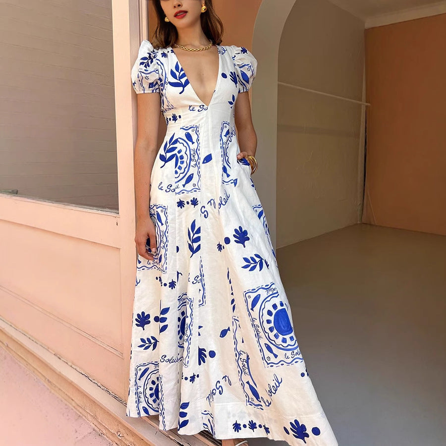 Dress for Women – Ankle-Length Maxi Dress – V-Neck – Puff Sleeves – Light and Breathable Fabric