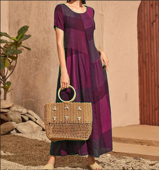 Dress for Women – Long A-line – Checkered – Short-sleeved – Loose Fit – Cotton