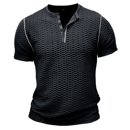 Men's Shirt Henley – Slim Fit – Textured Fabric – Short Sleeves – Relaxed Style
