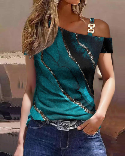 Women's T-shirt – Relaxed fit – Text print – Asymmetric shoulder strap with button