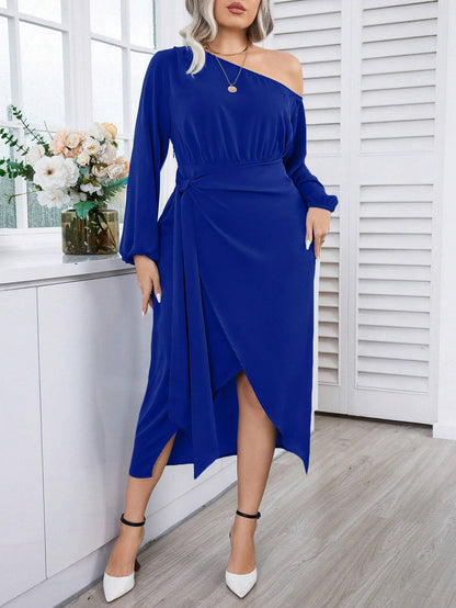 Women's Dress – Wrap Design – Asymmetric Neckline – Midi Length – Long Sleeves