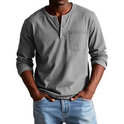 Men's Long-Sleeve T-Shirt – Slim Fit – Breathable Fabric – Button Neck and Chest Pocket