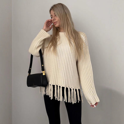 Women's Sweater – Oversized Fit – Wool Blend – Rib Knit – Fringe Hem