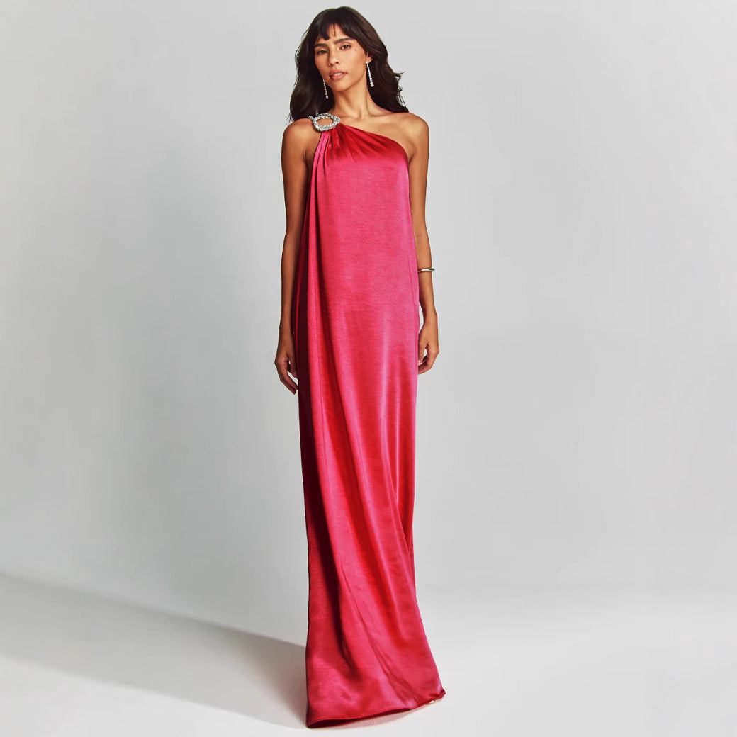 Dress for Women – Long Evening Dress – Satin – One Shoulder – Loose Fit – Ring Detail